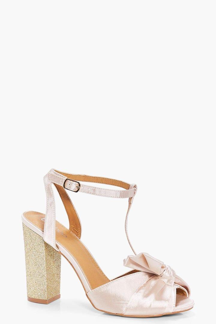 Boohoo Rachel Wrap Front T Bar Block Heel Nude