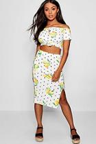 Boohoo Petite Lemon Print Bardot Top & Midi Skirt Co-ord Set