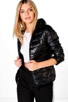 Boohoo Lois Wet Look Lightweight Bubble Coat Black