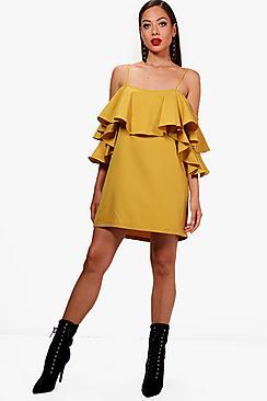 Boohoo Cold Shoulder Ruffle Shift Dress