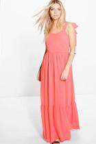 Boohoo Sarah Wide Tie Straps Ruffle Hem Maxi Dress Coral