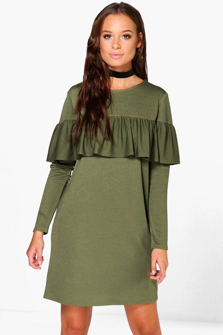 Boohoo Coralie Ruffle Long Sleeved Shift Dress Moss