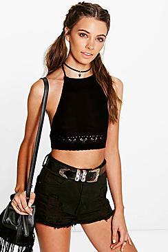 Boohoo Eva Crochet Trim Tie Back Knitted Halter Top