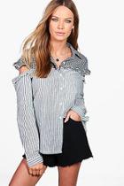 Boohoo Helena Striped And Gingham Ruffle Shoulder Shirt