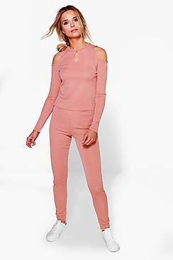 Boohoo Ella Cold Shoulder Keyhole Top And Legging Set
