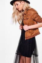 Boohoo Rosie Boutique Suedette Patch & Stud Western Jacket Tan