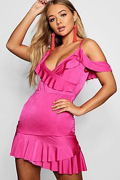 Boohoo Ruffle Shoulder Tea Dress