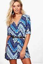 Boohoo Addison Wrap Front Blue Scarf Print Playsuit