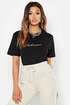 Boohoo Sliver Foil Woman Script Slogan T-shirt