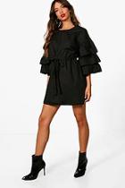 Boohoo Bella Gathered Tie Waist Ruffle Sleeve Dress