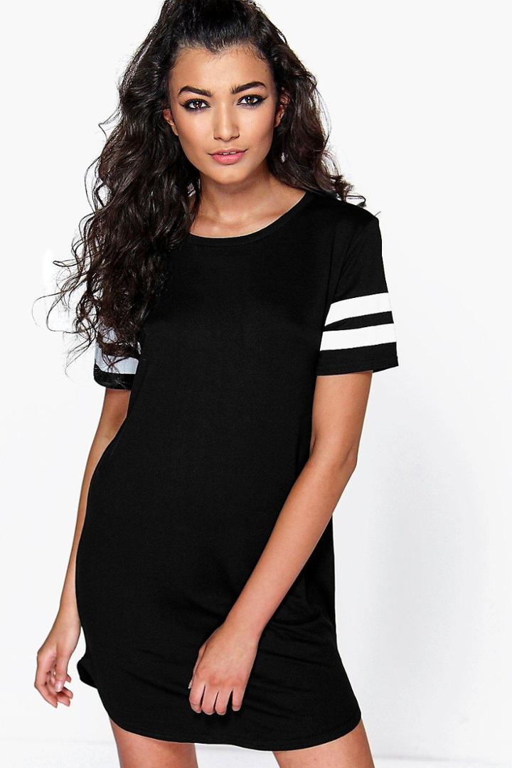 Boohoo Kimmie Baseball Stripe Curved Hem Shift Dress Black