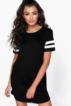 Boohoo Kimmie Baseball Stripe Curved Hem Shift Dress Black