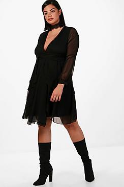 Boohoo Plus Plunge Chiffon Ruffle Skater Dress