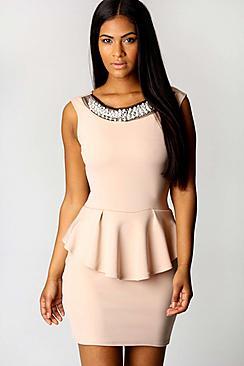 Boohoo Tiffany Embellished Neck Peplum Dress