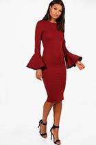 Boohoo Di Flared Sleeve Contrast Tipping Midi Dress