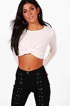 Boohoo Wrap Front Rib Long Sleeve Crop Top