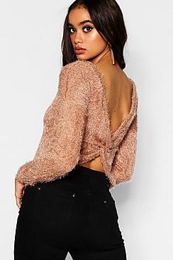 Boohoo Fluffy Knit Twist Back Crop Jumper