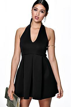 Boohoo Layla Plunge Empire Seam Bonded Skater Dress
