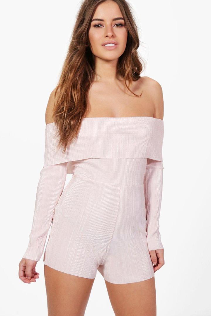 Boohoo Petite Nicola Pleated Off The Shoulder Playsuit Nude