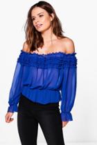 Boohoo Fraya Ruffle Bardot Chiffon Top Blue