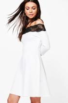 Boohoo Petite Heidi Off The Shoulder Lace Trim Skater Dress Ivory