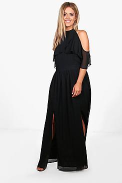 Boohoo Plus Isla Chiffon Frill Open Shoulder Maxi Dress