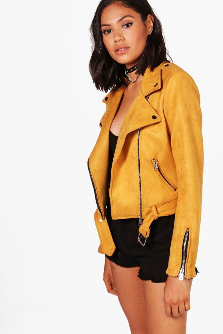 Boohoo Rebecca Premium Vegan Suede Biker Jacket Mustard