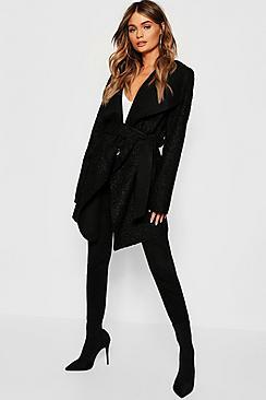 Boohoo Shawl Collar Belted Boucle Coat