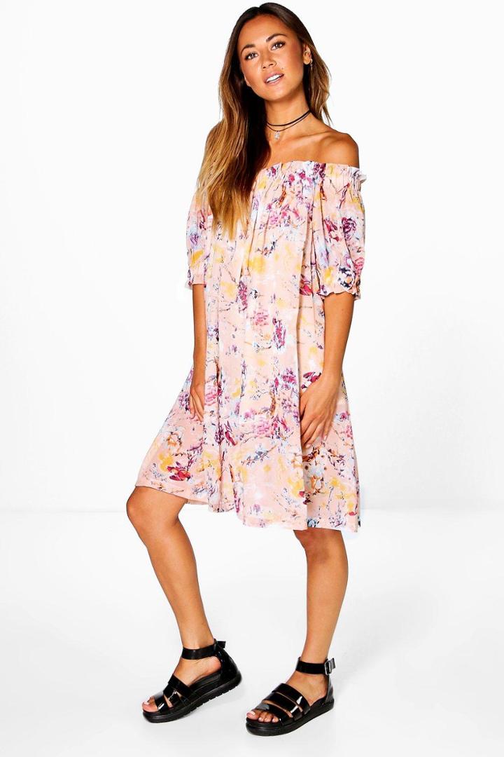Boohoo Lucy Off The Shoulder Printed Dress Rose