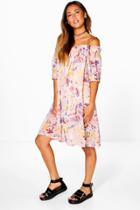 Boohoo Lucy Off The Shoulder Printed Dress Rose