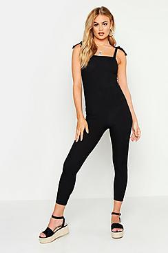 Boohoo Ribbed Tie Shoulder Jumpsuit