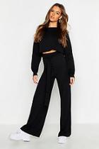 Boohoo Tie Waist Rib Knit Wide Leg Trouser