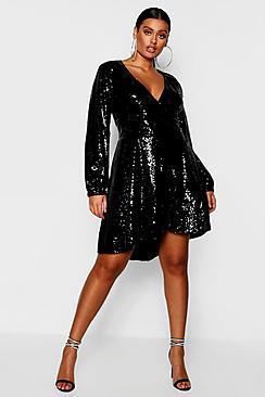 Boohoo Plus Asymmetric Hem Sequin Skater Dress