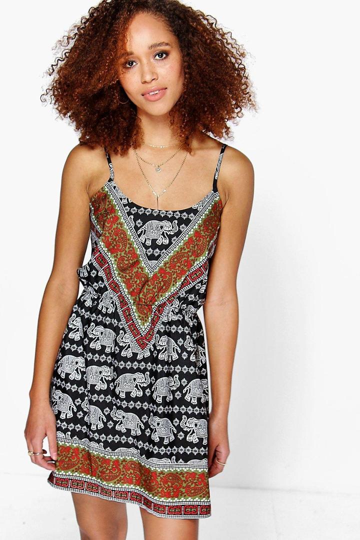 Boohoo Siya Placement Elephant Print Sun Dress Multi