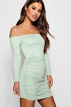 Boohoo Petite Bardot Suedette Ruched Side Bodycon Dress