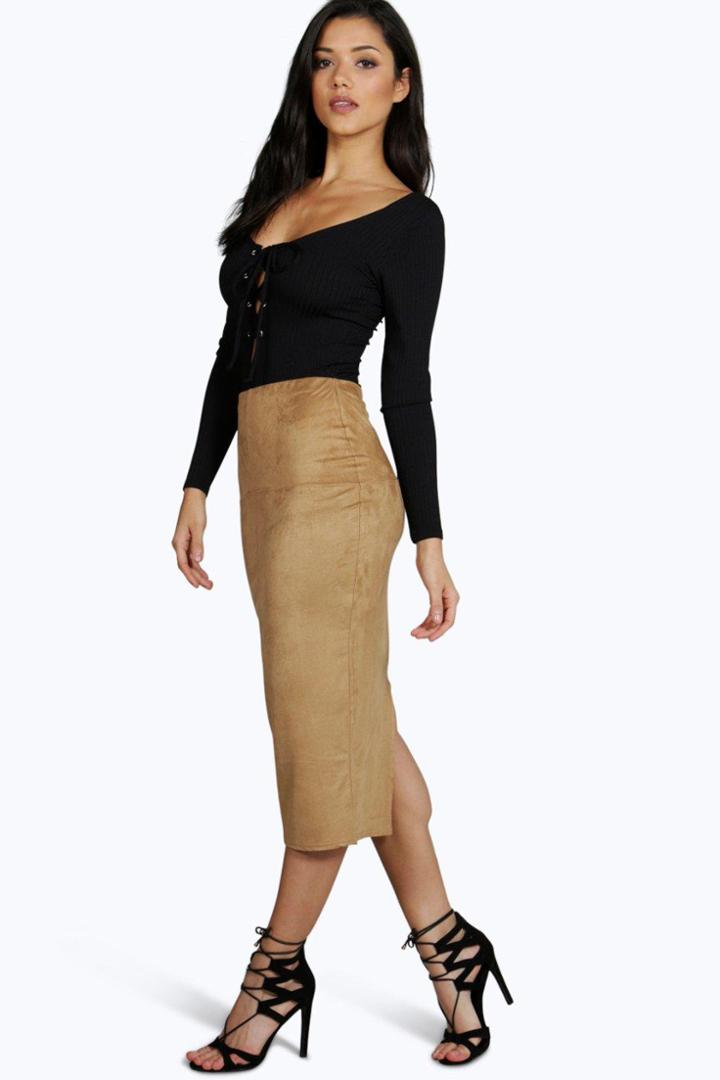 Boohoo Elita Seamed Detail Suedette Midi Skirt Mustard