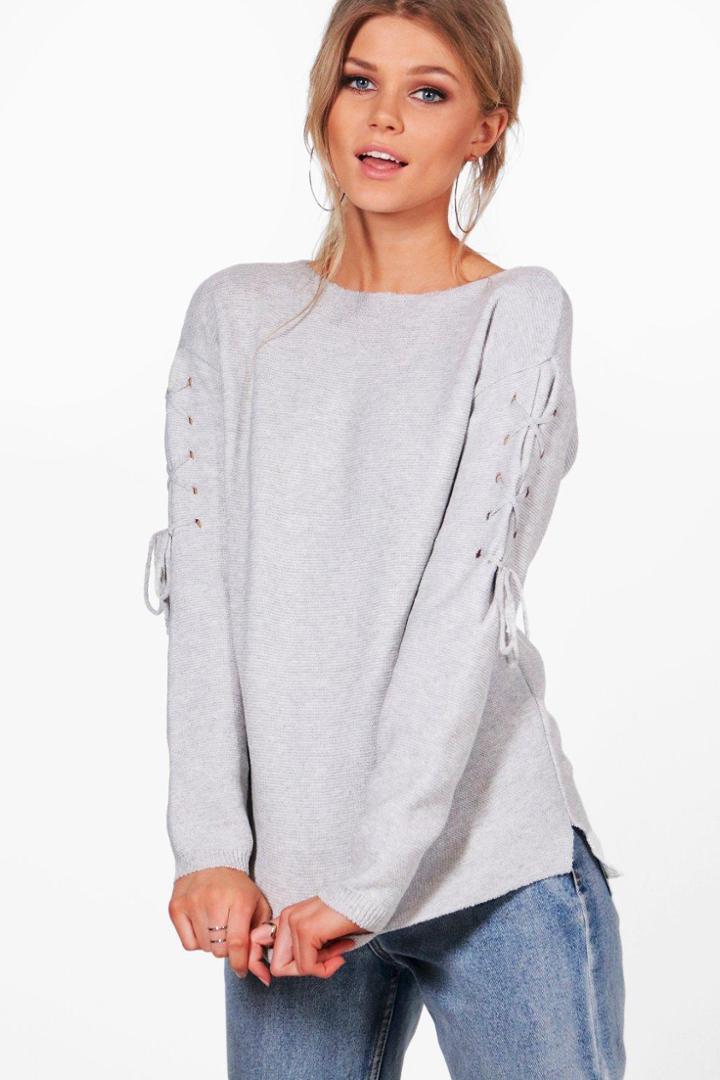Boohoo Petite Louise Lace Up Sleeve Oversized Jumper Grey