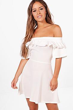 Boohoo Petite Louisa Bardot Frill Crepe Skater Dress