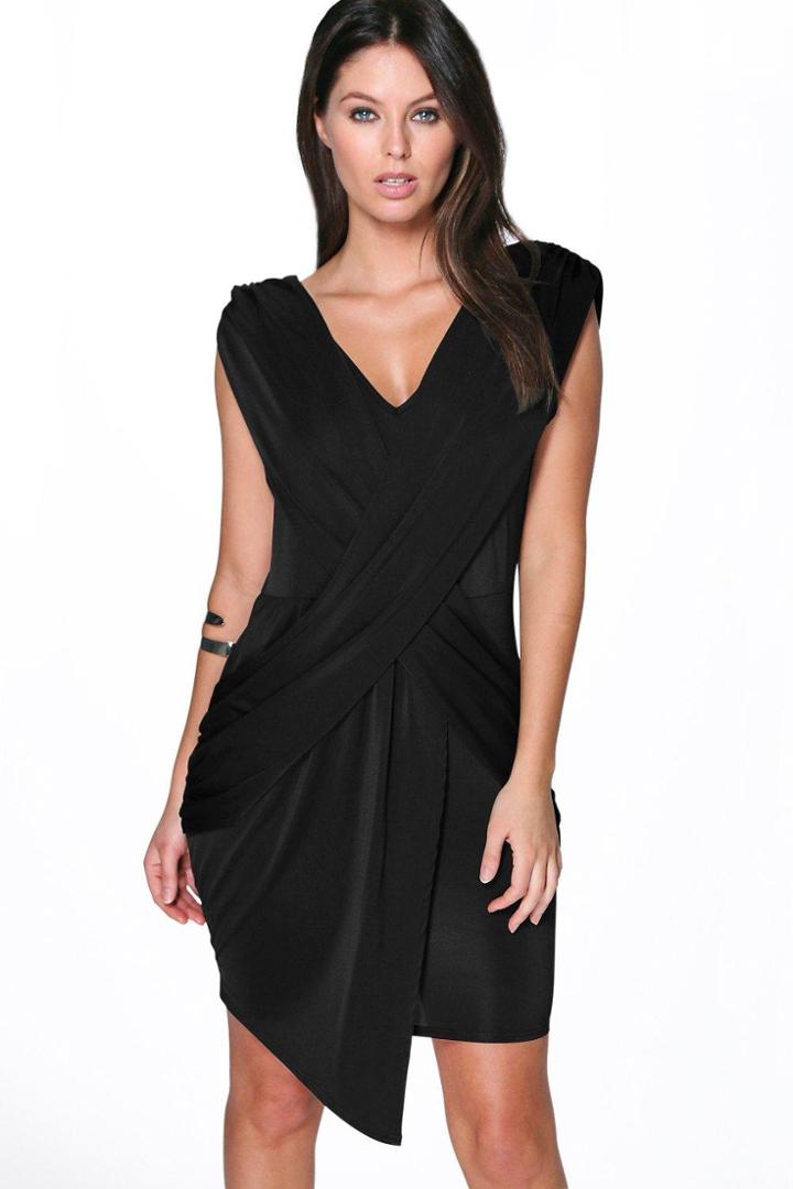 Boohoo Lydia Drape Detail Textured Bodycon Dress Black