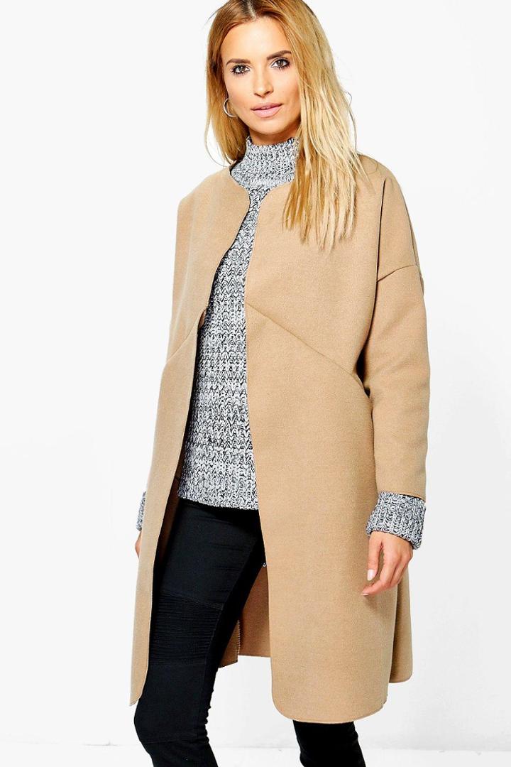Boohoo Holly Collarless Wool Look Coat Camel