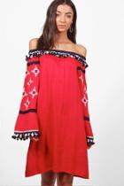 Boohoo Tall Layla Boutique Pom Pom & Embroidered Dress Red