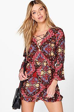 Boohoo Ria Paisley Frill Hem Lace Up Playsuit