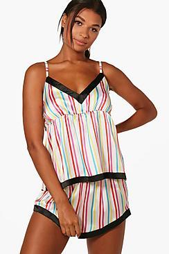 Boohoo Lizzie Multi Stripe Cami And Short Set