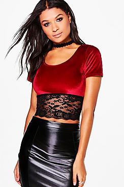 Boohoo Lola Velour Crop Top With Deep Lace Hem