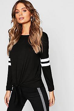 Boohoo Tie Front Baseball Long Sleeve Top