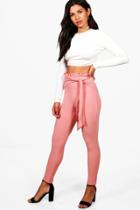 Boohoo Zarina Ruffle Waist Skinny Crepe Trousers Rose
