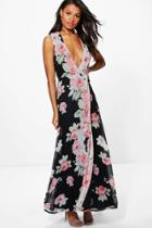 Boohoo Elle Chiffon Floral Print Wrap Maxi Dress Black