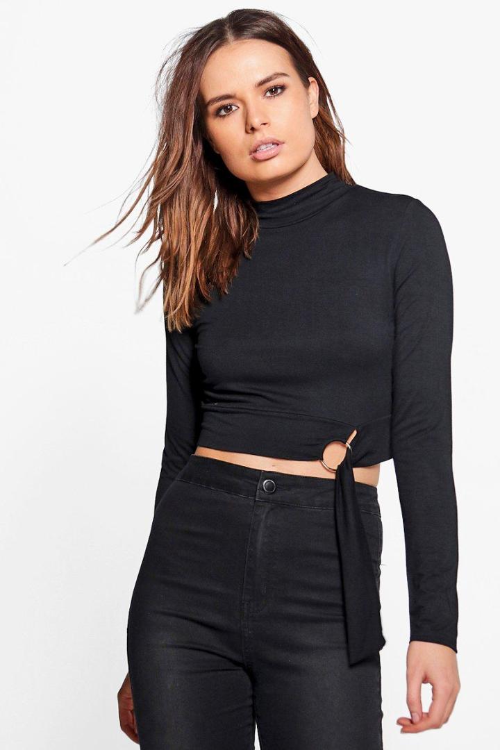 Boohoo Leah D Ring Long Sleeve High Neck Crop Black