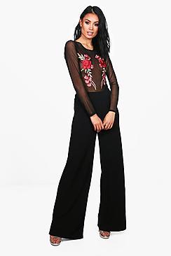 Boohoo Lucie Embroidered Mesh Body & Wide Trouser Co-ord