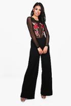 Boohoo Lucie Embroidered Mesh Body & Wide Trouser Co-ord